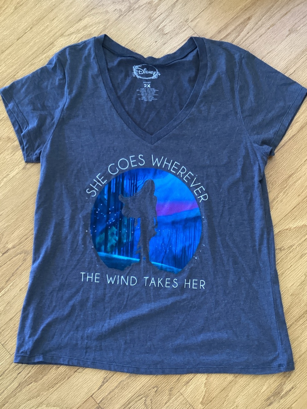 Disney Grey Graphic V-Neck Tee with Blue and Purple Circular Scene